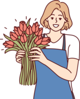 Positive woman flower seller stands with luxurious bouquet and smiling looks at camera png