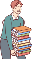 Exhausted man carries large stack of books suffering from overload while preparing for exams png