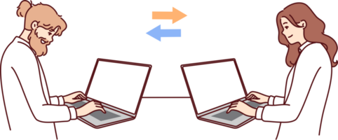 travail en équipe de homme et femme travail à distance via ordinateurs portables sur un projet via l'Internet png