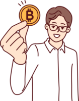 Mens handelaar met bitcoin munt oproepen voor mijnbouw of investeren in cryptogeld en blockchain tech png