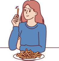 vrouw eet Frans Patat zonder denken over Gezondheid risico's van snel voedsel en gebakken snacks png