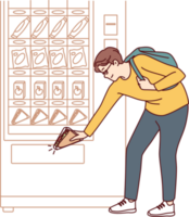 Man student bends down to pick up sandwich while shopping for lunchtime snack from vending machine png