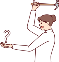 Woman swinging hammer at question mark showing courage in solving problems and fighting ignorance png