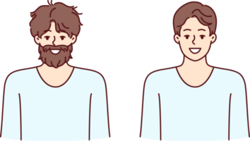 Mens voordat en na gaan naar kapperszaak naar professioneel stilist voor haar- en baard zorg png
