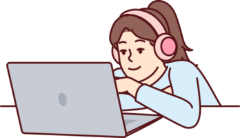 Little girl in headphones uses laptop watching children series or internet show for schoolchildren png