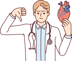 Young man doctor for heart disease showing thumb down recommending taking medication. png