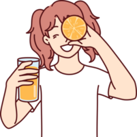 Little girl with glass of orange juice in hands smiling holding half of citrus fruit near face png