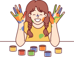 Positive girl with face and palms smeared with multi-colored paint smiles, wanting to become artist png