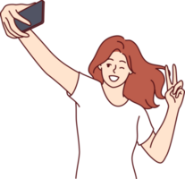 Woman laughs taking selfie and showing peace sign to post photo on social network or dating site png