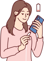 Woman holding smartphone uses cable to charge battery after seeing red indicator of dead accumulator png
