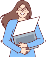 Geek woman with laptop hugs favorite gadget rejoicing at opportunity to learn via internet png