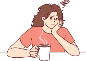 cansado mujer con triste cara bebidas caliente café y lo hace no querer a Vamos a trabajo debido a carencia de dormir png