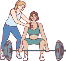 Strong athlete lifts heavy barbell under supervision of personal trainer from gym teaching ward png