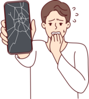 Man reacts to broken phone by bringing hand to mouth and experiencing shock due to breakdown png