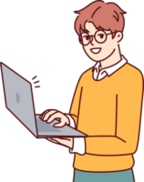 Smart little boy with laptop for preparing homework assigned from school stands and looks at camera png