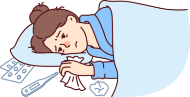 mujer enfermo con gripe mentiras debajo cobija con pañuelo en mano cerca termómetro y medicamentos png