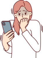 asustado mujer con teléfono mordiendo uñas en temor después leyendo malo Noticias acerca de que se acerca crisis png