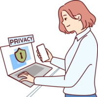 Geschäftsfrau nimmt Pflege von Cyber Sicherheit Stehen Nächster zu Laptop mit Privatsphäre Inschrift png