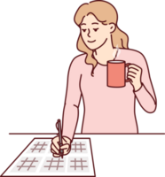 Woman solves sudoku puzzle and drinks hot tea enjoying math brain teasers demonstrates high IQ png