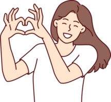 Woman demonstrates gesture of heart made of fingers flirting with boyfriend or beloved husband png