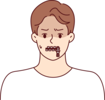 Silent man with zipper on lips is trying to hide compromising information or unpopular opinion png