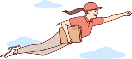 Superhero courier is flying in sky with parcel for customers and is in hurry to deliver mail order png