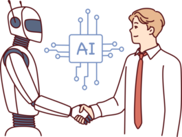 Man shakes hands with robot as sign of friendship between humans and artificial intelligence AI png