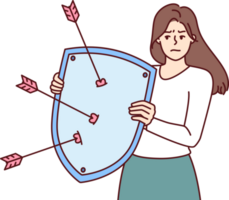 Disgruntled woman with shield defends herself from harassment and annoying advances from boyfriend png