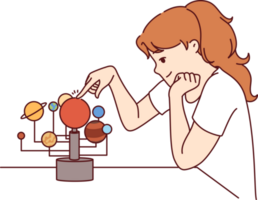 weinig meisje is aan het studeren zonne- systeem en plaats van planeten in ruimte, willen naar worden astronoom png