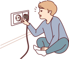 Small boy sticks fingers into socket, playing with electrical equipment and risking electric shock png