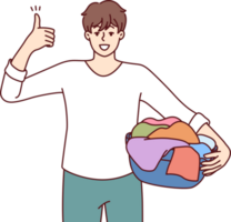 Man householder with laundry in basin shows thumbs up recommending quality laundry detergent png