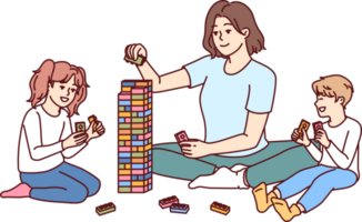 Woman babysitter with kids plays constructor building tower of children blocks in kindergarten png