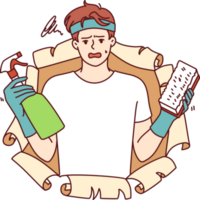 Disgruntled man with cleaning brush and bottle filled with chemical detergent that removes stains png