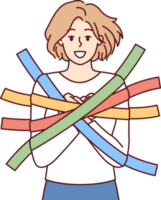 Positive girl smiles happily glued to wall with multi-colored adhesive tapes and is hostage png