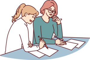 Women doing paperwork sitting at table in office of insurance company during conclusion of contract png