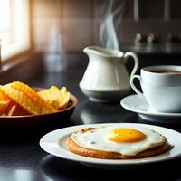 Close up of fried eggs and coffee with kitchen background, created with technology photo