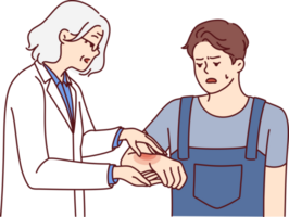 Man with hand injury goes to doctor for help for treatment or for advice on rehabilitation. png