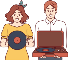 Happy couple with turntable and vinyl record invites you to retro party with jazz music. png