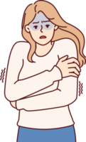 Freezing woman hugging shoulders trying to keep warm and feeling chills after contracting flu png