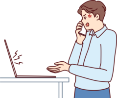 Dissatisfied manager makes phone call standing near laptop and quarreling due to errors in report png