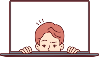 Man with frightened face looks out of laptop screen for concept of non-professional work on Internet png