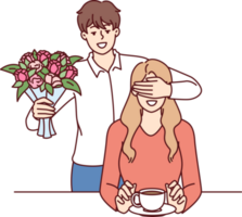 Romantic man with bouquet closes girlfriend eyes, wanting to make surprise and give favorite flowers png