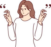 Young woman gesticulates with quotation marks with fingers while saying sarcastic words or hints png