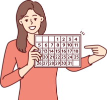 Woman with calendar points finger at dates suggesting to do planning and time management png