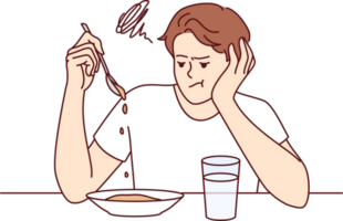 Mens lijdt van gebrek van eetlust zittend Bij tafel in keuken en doet niet willen naar eten ontbijt png