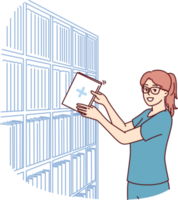 kvinna klinik administratör med patient kort står nära kuggstång med arkiv av patienter png