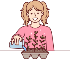 pequeño niña es riego planta en formar de cáscara de huevo para concepto de ecología y cero residuos jardinería png