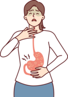 Sick woman with symptoms of gastroesophageal reflux or gastritis disease resulting from junk food png