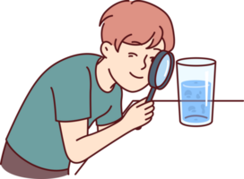 pequeño chico examina agua en vaso mediante aumentador vaso, estudiando químico composición líquido png