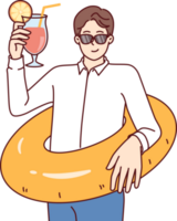 Business man preparing for vacation and tropical travel, holding inflatable ring and cocktail png